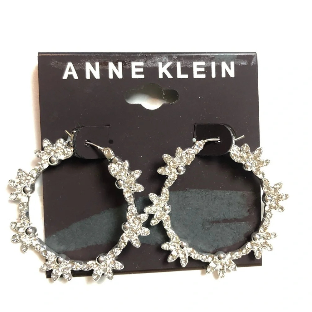 Anne Klein Pave Crystal Flower Silver Medium Hoop Earrings NWT